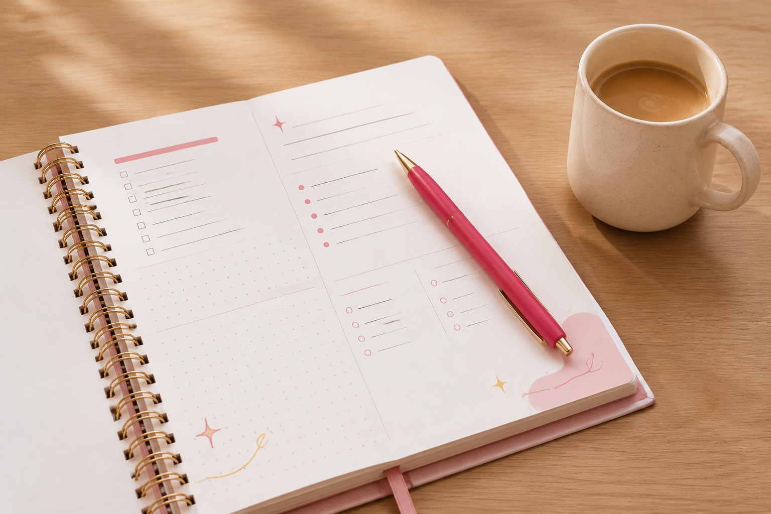 Agenda ouvert, stylo rose et tasse de café